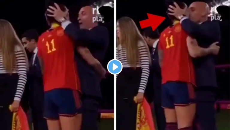 THE PRESIDENT OF SPAIN’S FOOTBALL KISSES A PLAYER ON THE LIPS