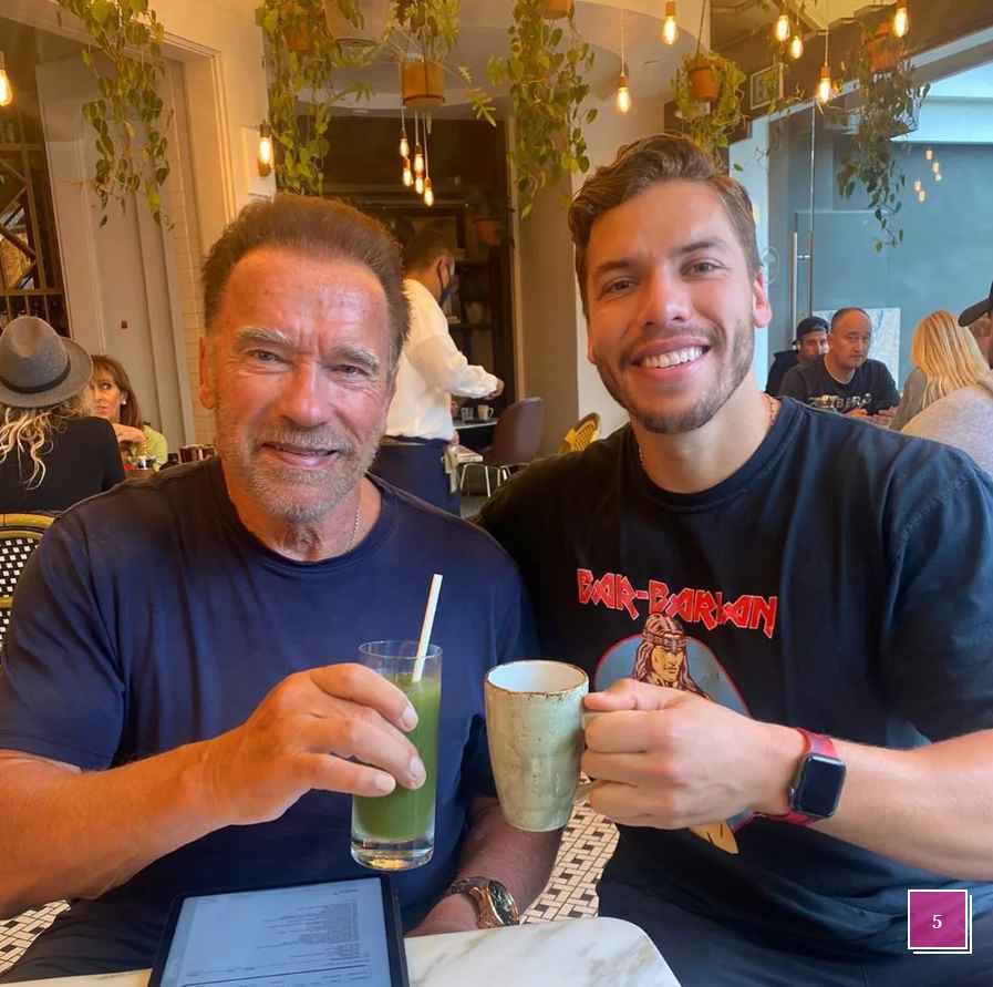 Joseph Baena with his father Arnold Schwarzenegger